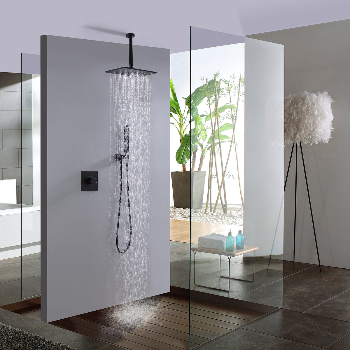 Ceiling-Mounted Shower System with Rainfall Shower Head and Handheld Shower
