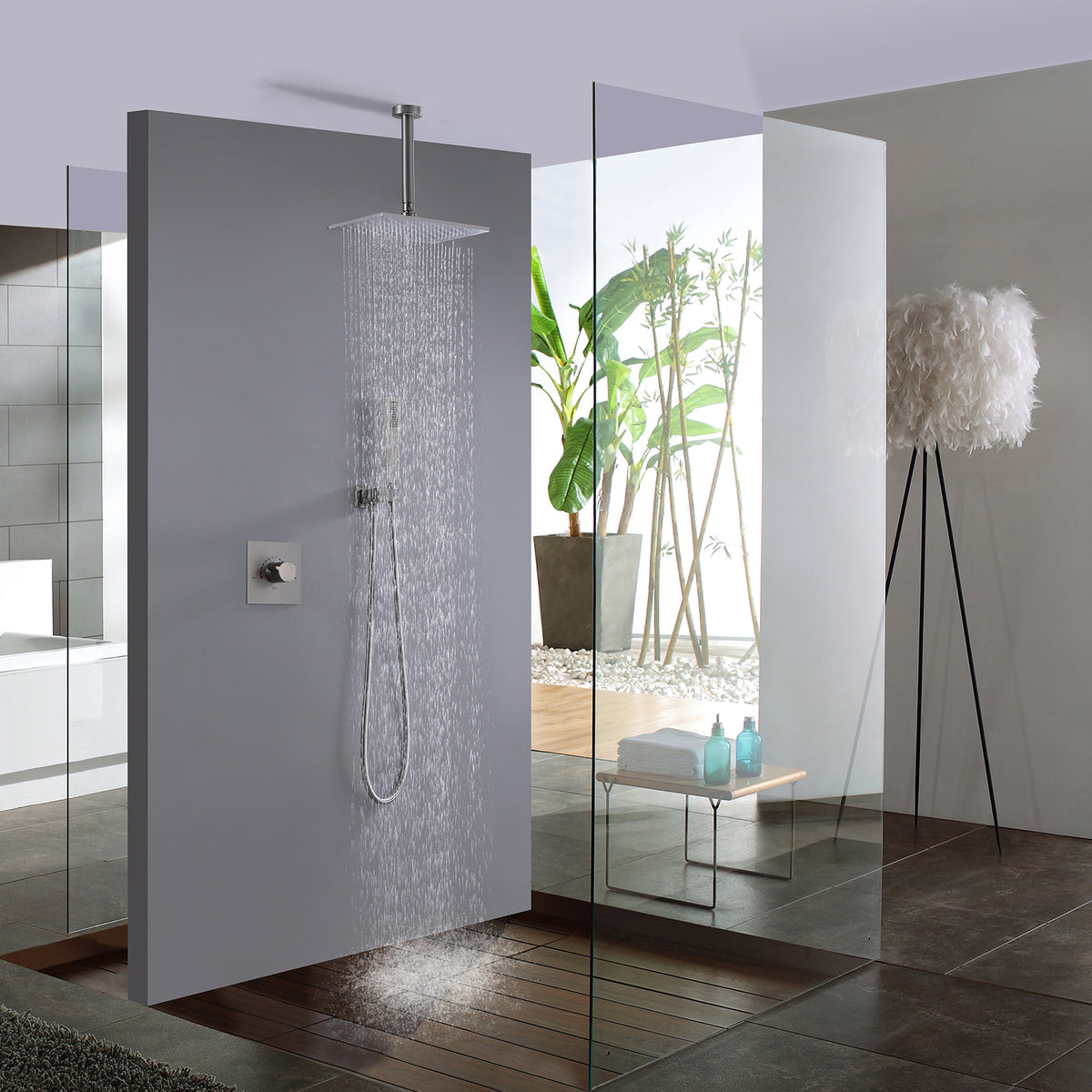 Concealed Ceiling-Mounted Single Handle Brushed Nickel Shower Faucet Set