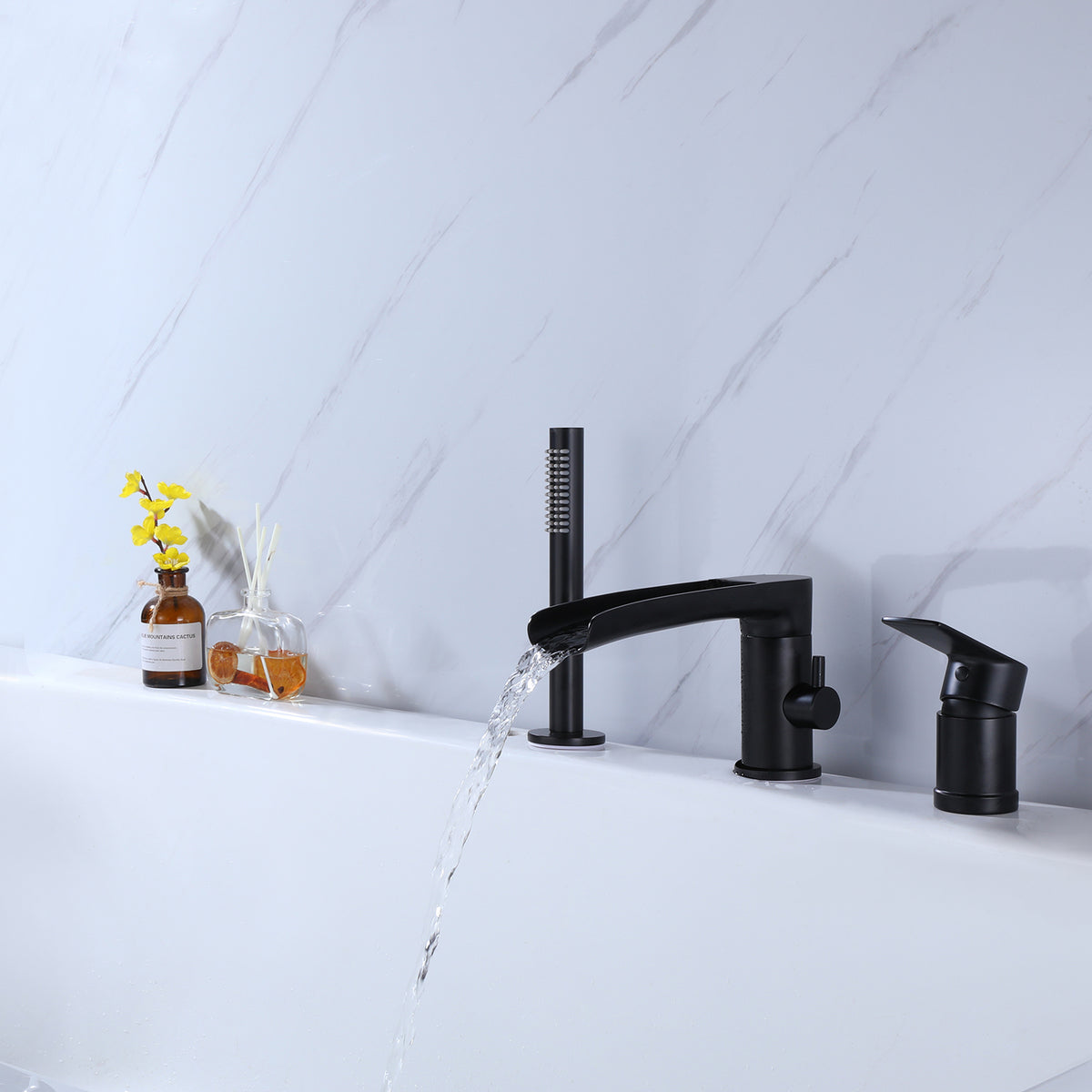 Waterfall Deck-Mounted Tub Filler Set with Single Handle Control and Hand Shower