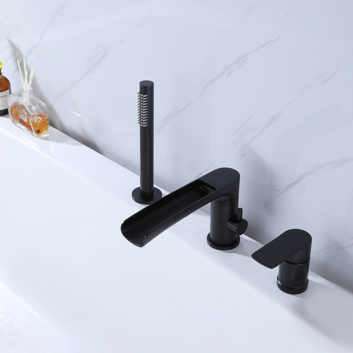 Waterfall Deck-Mounted Tub Filler Set with Single Handle Control and Hand Shower