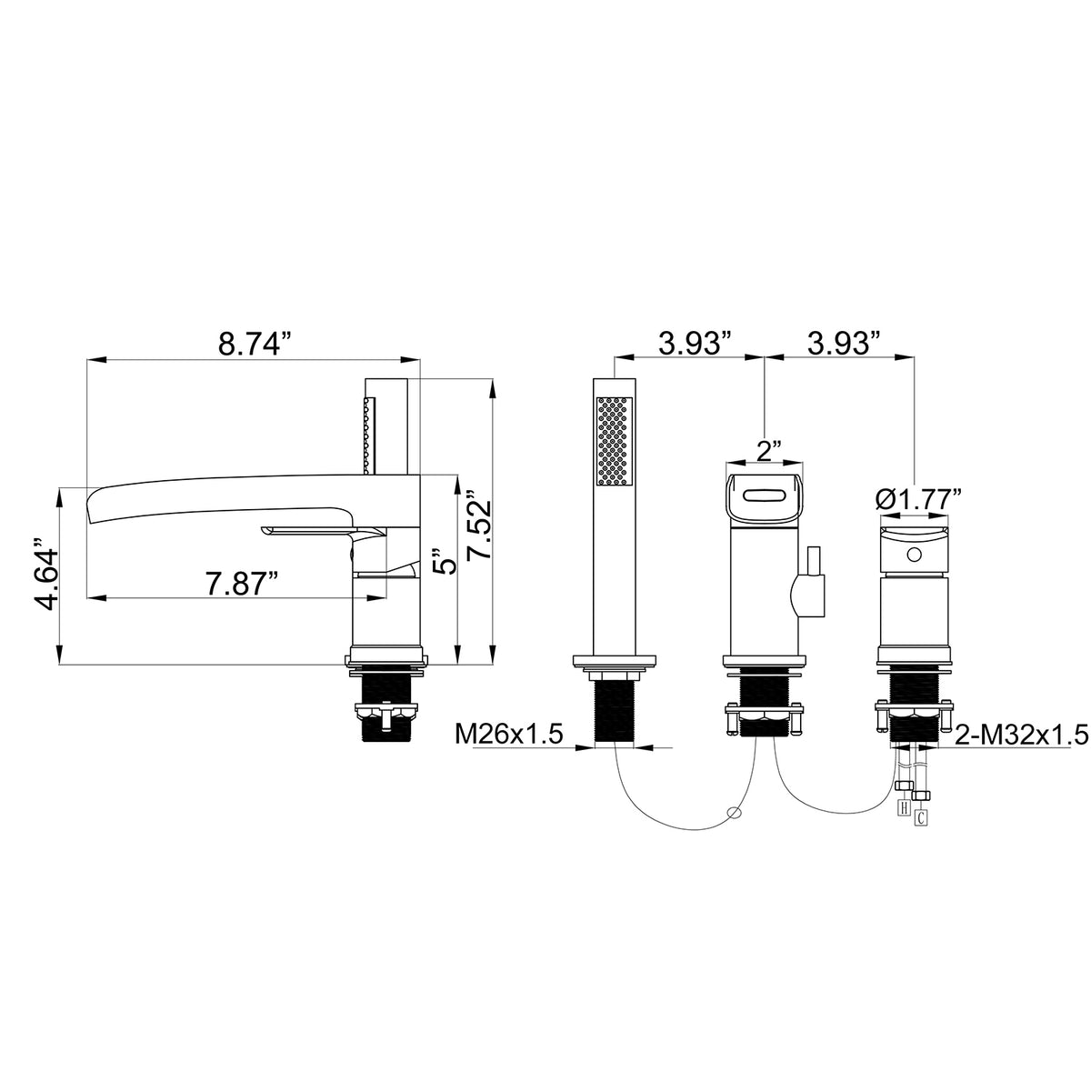 Waterfall Deck-Mounted Tub Filler Set with Single Handle Control and Hand Shower