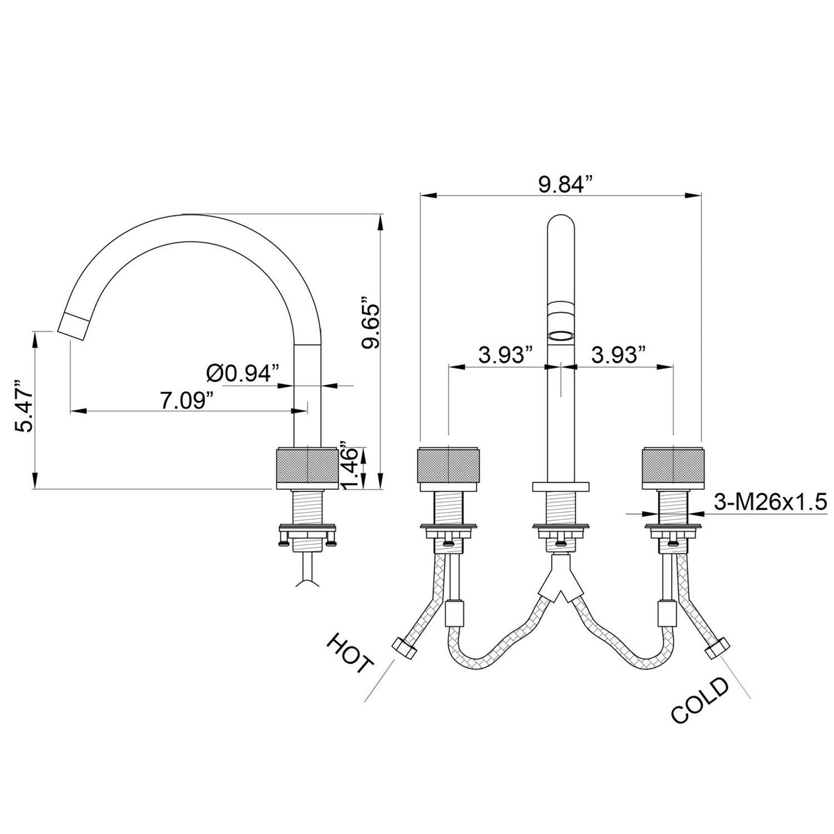 Widespread Gooseneck Faucet with Minimalist Cylinder Handles