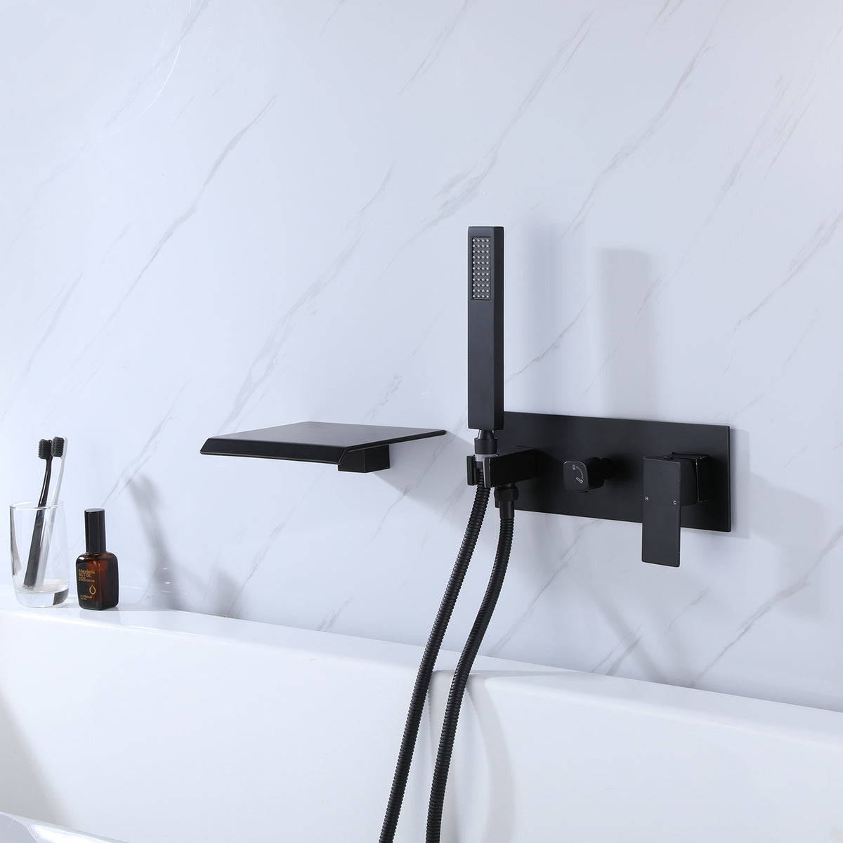 Matte Black Bathtub Wall-Mounted Faucet with Flat Waterfall Spout
