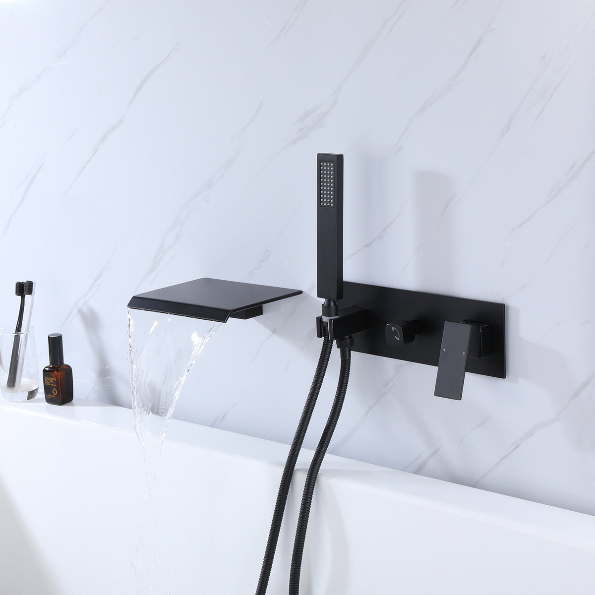 Wall-Mounted Waterfall Tub Filler with Hand Shower Solid Brass Bathtub Faucet