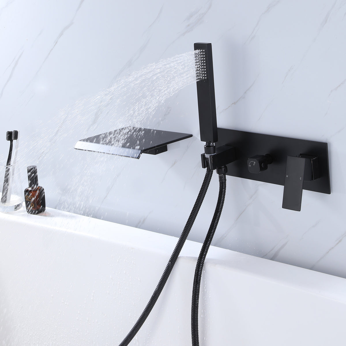 Wall-Mounted Waterfall Tub Filler with Hand Shower Solid Brass Bathtub Faucet