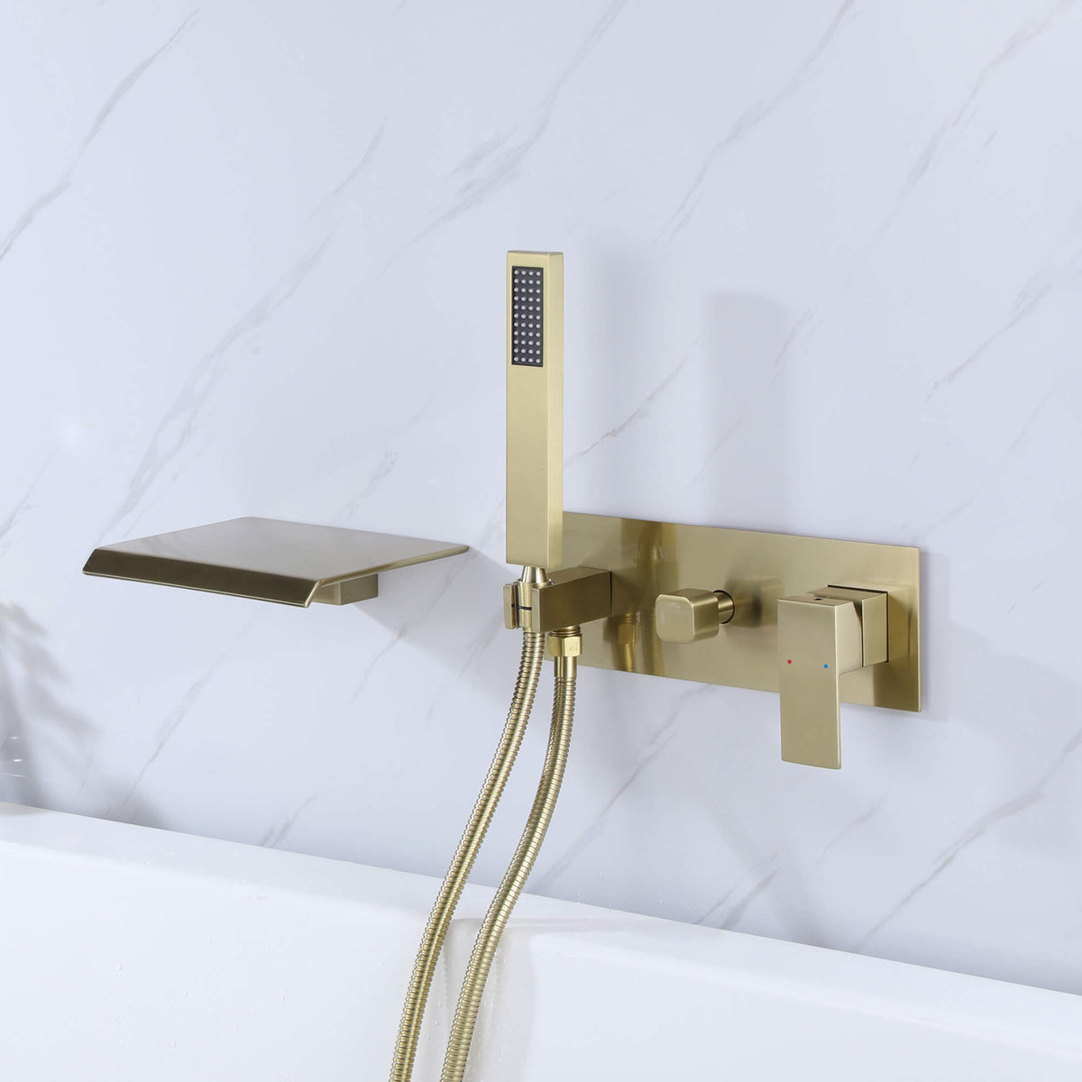 Wall-Mounted Waterfall Tub Filler with Hand Shower Solid Brass Bathtub Faucet