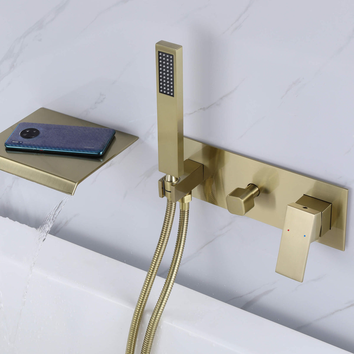 Wall-Mounted Waterfall Tub Filler with Hand Shower Solid Brass Bathtub Faucet