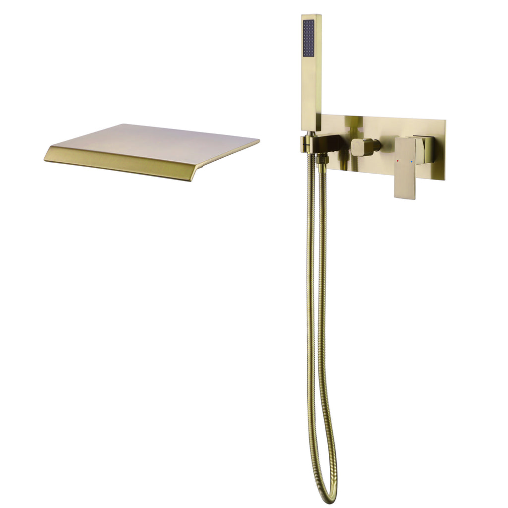 Waterfall Tub Faucet Wall Mounted Tub Filler with Hand Shower Brushed Gold RB1070