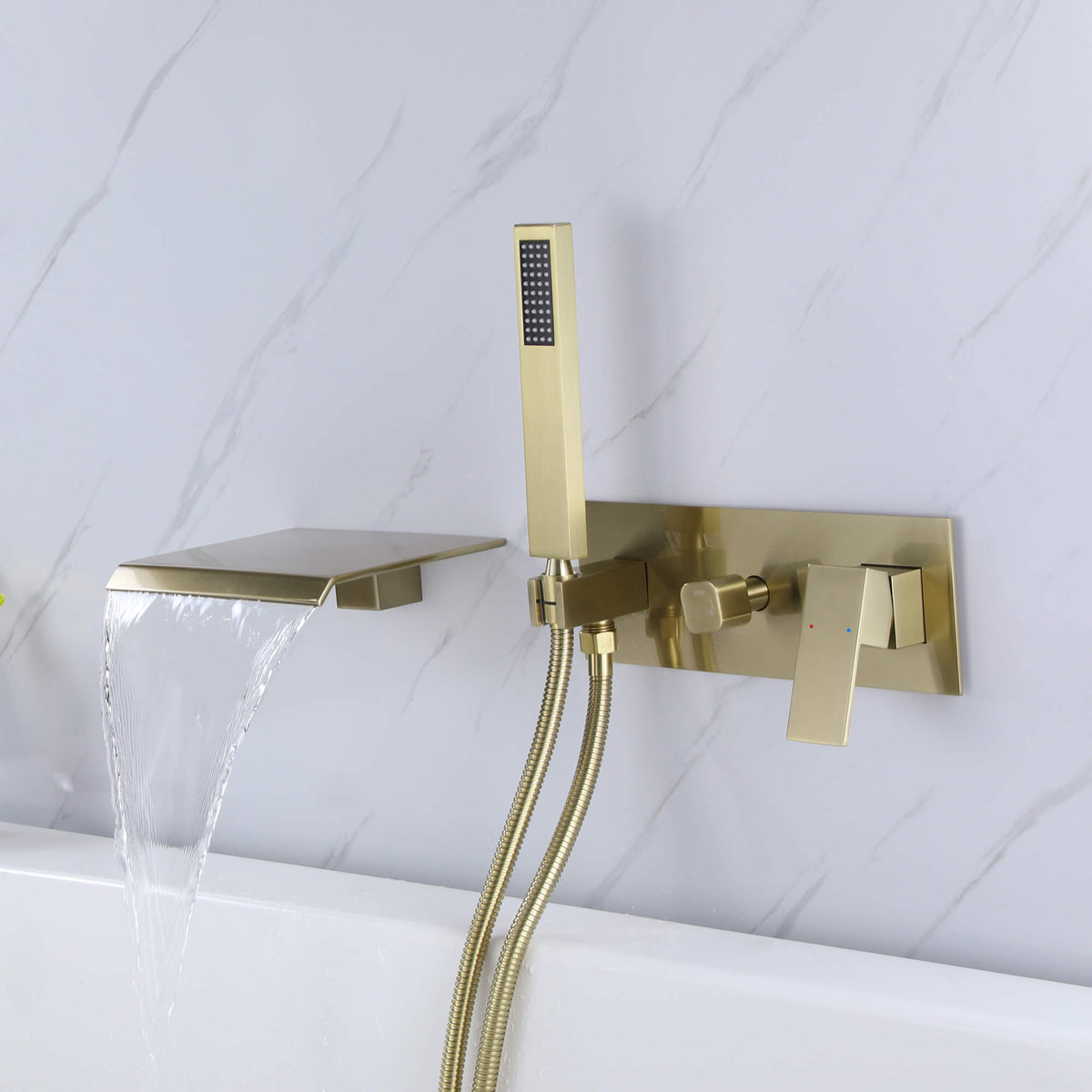 Brushed Gold Wall-Mounted Tub Filler with Flat Waterfall Spout