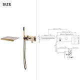 Waterfall Tub Faucet Wall Mount Tub Filler with Hand Shower Brushed Gold RB1070