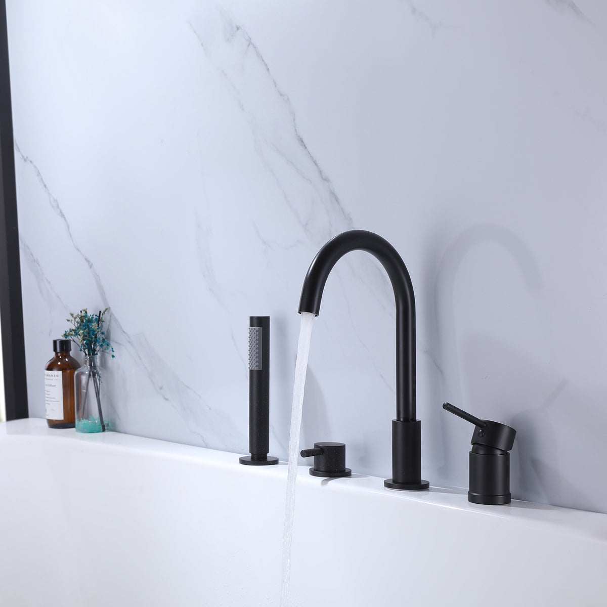 Deck-Mounted 4-Hole Tub Filler with Dual Handles and Handheld Shower