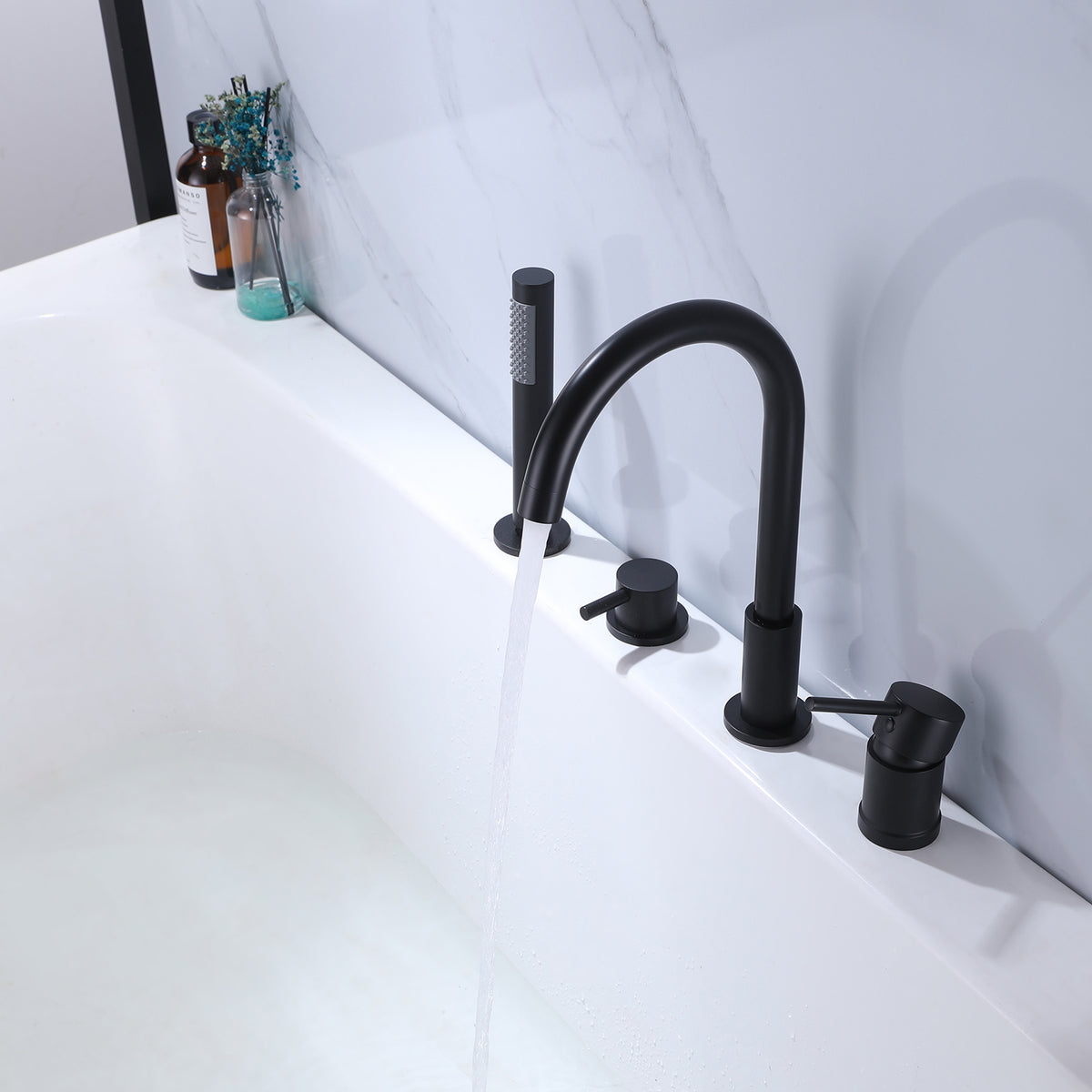 Deck-Mounted 4-Hole Tub Filler with Dual Handles and Handheld Shower