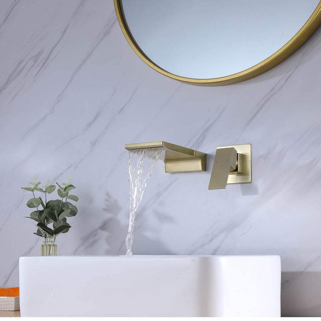 Brushed Gold Waterfall Wall Mount Bathroom Sink Faucet RB1091