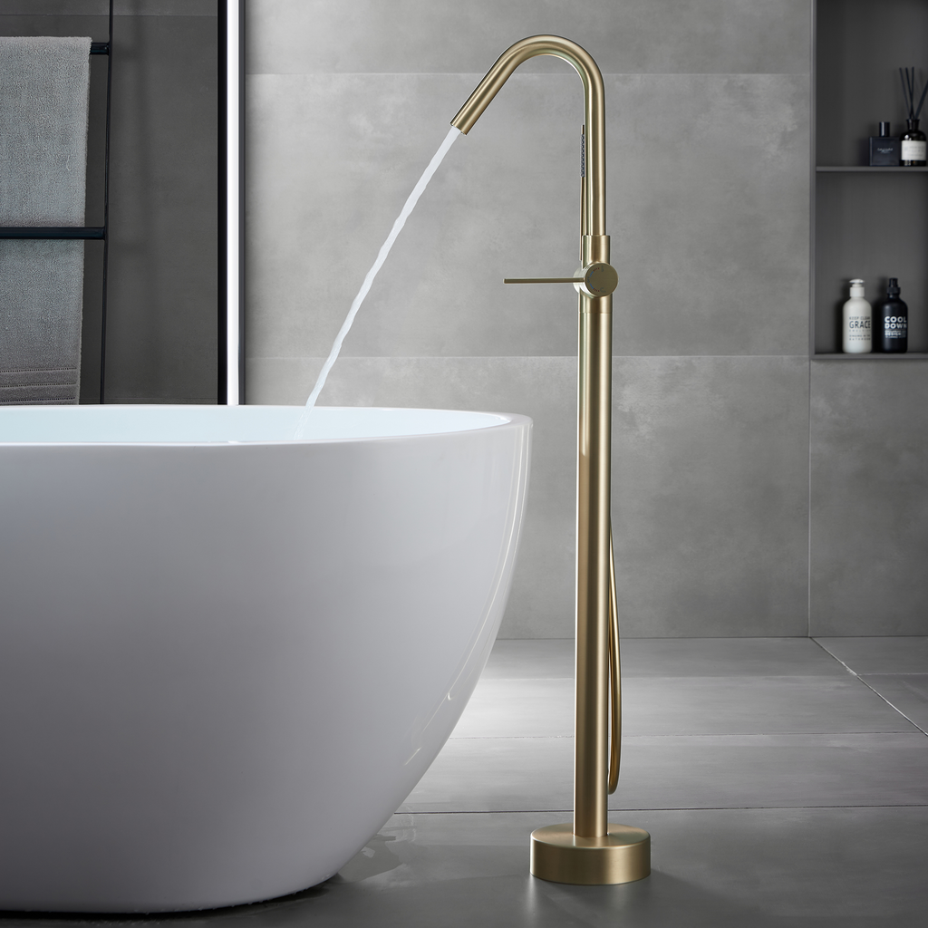 golden freestanding bathtub faucet open