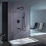 gary bathroom with matte black shower system