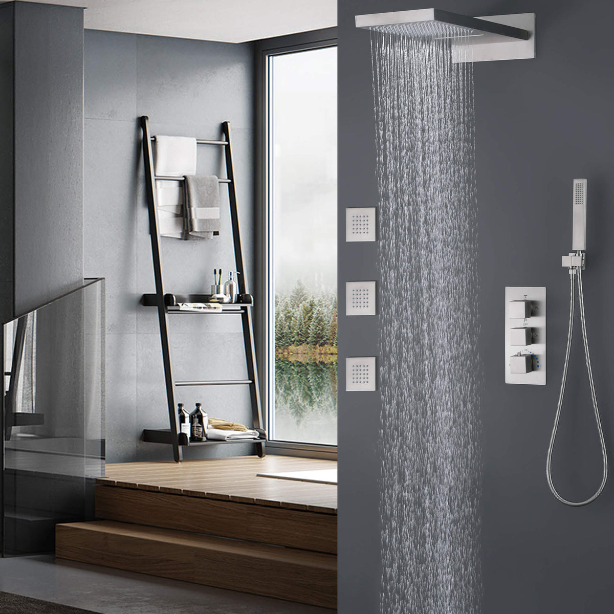 Thermostatic Rain Shower System with 3 Body Jets & Handheld