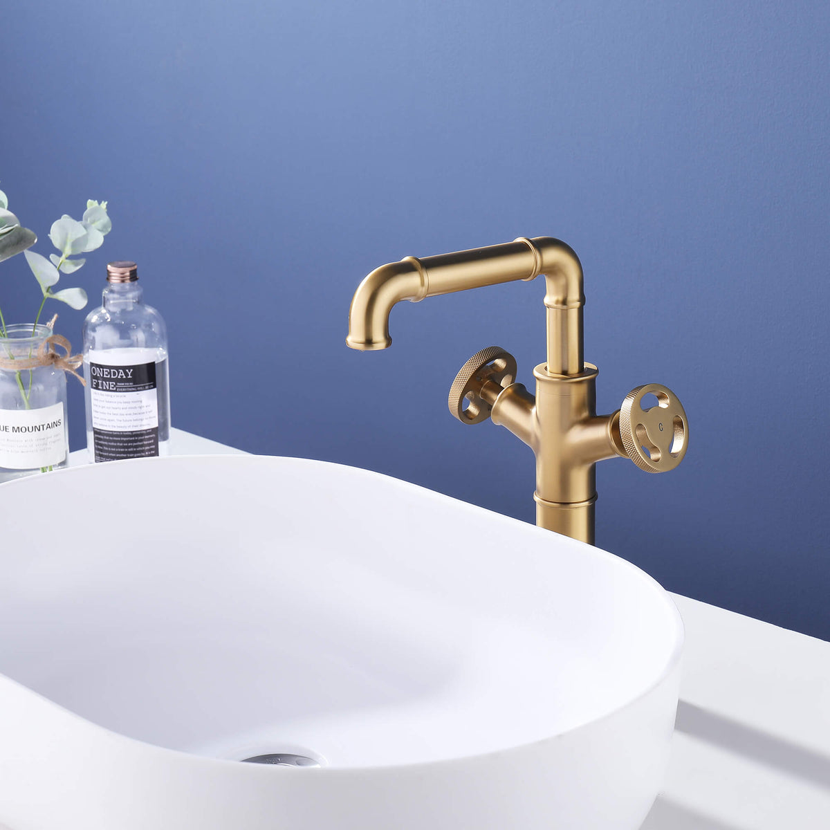 Industrial Pipe Bathroom Vessel Sink Faucet Two Handle Steampunk Vanity Faucet