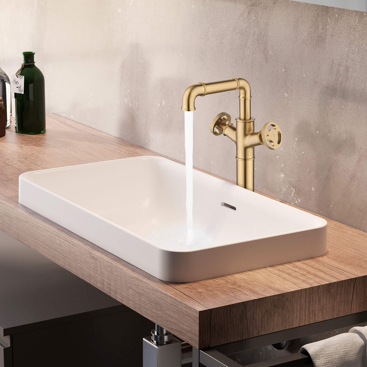 Industrial Pipe Bathroom Vessel Sink Faucet Two Handle Steampunk Vanity Faucet