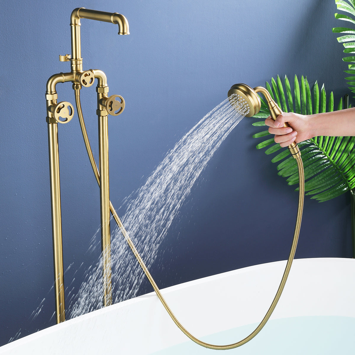 Vintage Brushed Gold Freestanding Tub Faucet with Hand Shower