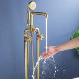 Industrial Freestanding Tub Filler with Dual Wheel Handles and Shower Wand