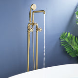 Industrial Freestanding Tub Filler with Dual Wheel Handles and Shower Wand