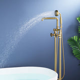 Industrial Freestanding Tub Filler with Dual Wheel Handles and Shower Wand