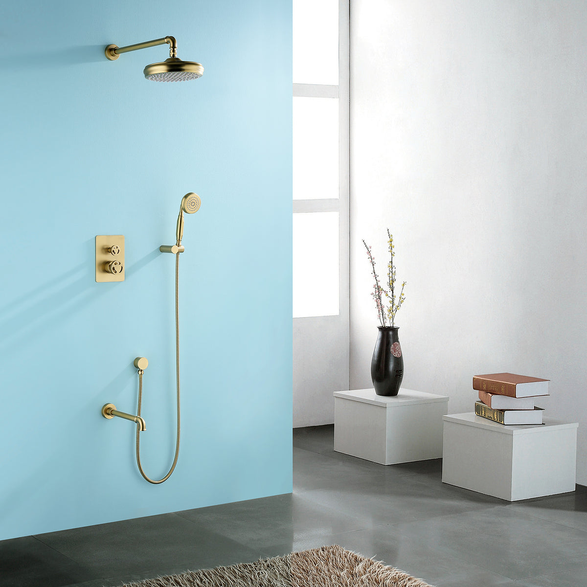 Vintage Rain Shower System with Tub Spout and Hand Shower