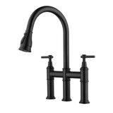 Two Handle Bridge Kitchen Sink Faucet with Pull Down Sprayhead Solid Brass RB1155