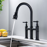 Two Handle Bridge Kitchen Sink Faucet with Pull Down Sprayhead Solid Brass RB1155