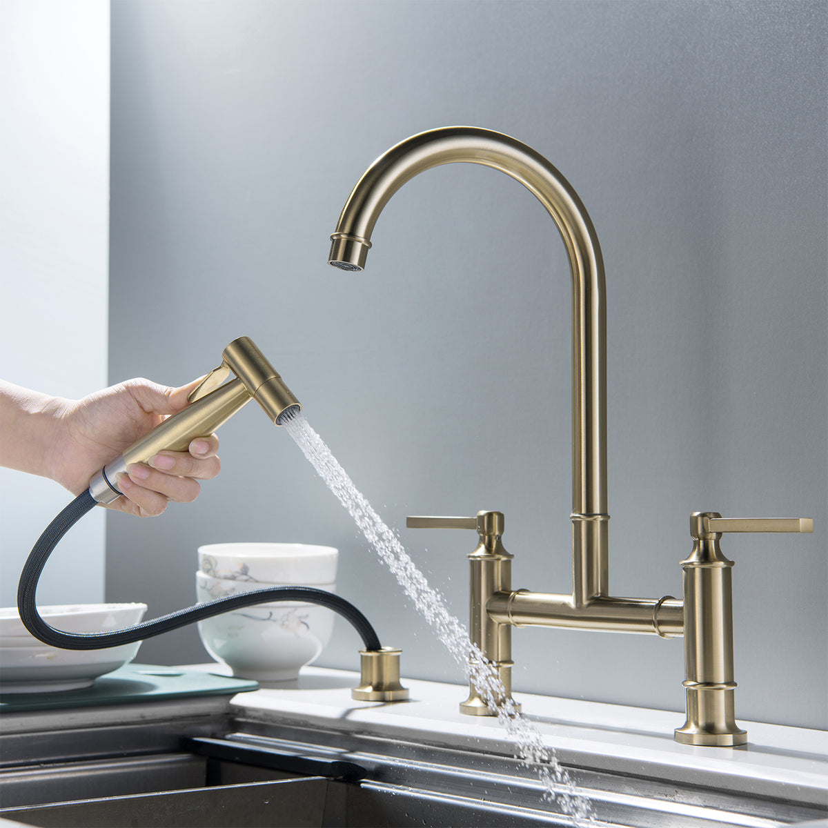 Bridge Kitchen Faucet with Pull Out Sprayer 360° Swivel Dual Handles Brass Construction