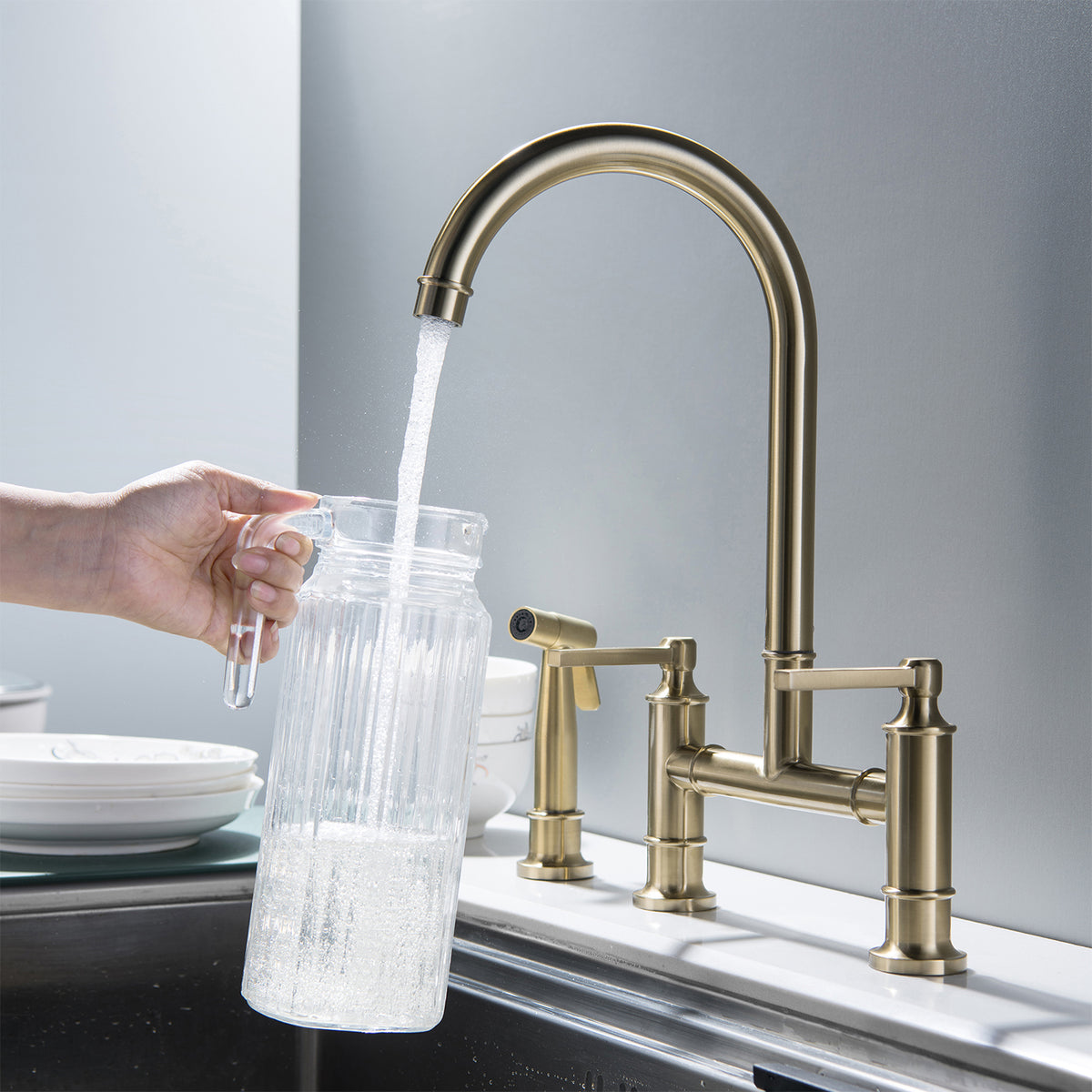 Bridge Kitchen Faucet with Pull Out Sprayer 360° Swivel Dual Handles Brass Construction