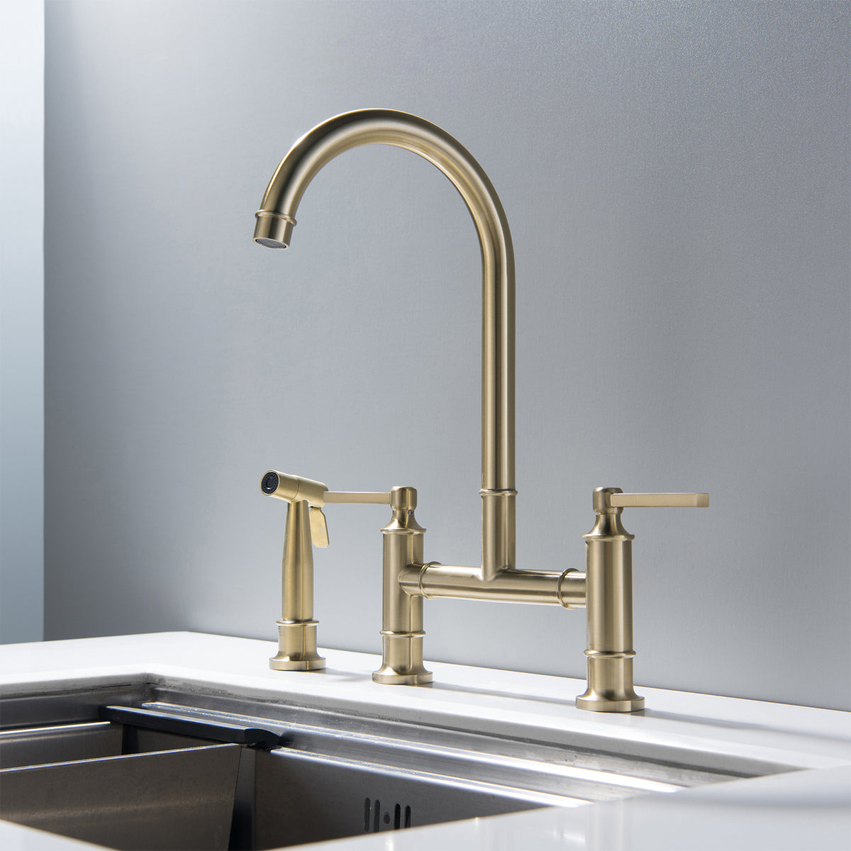 Bridge Kitchen Faucet with Pull Out Sprayer 360° Swivel Dual Handles Brass Construction