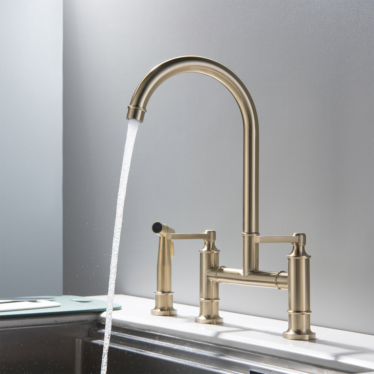 Bridge Kitchen Faucet with Pull Out Sprayer 360° Swivel Dual Handles Brass Construction