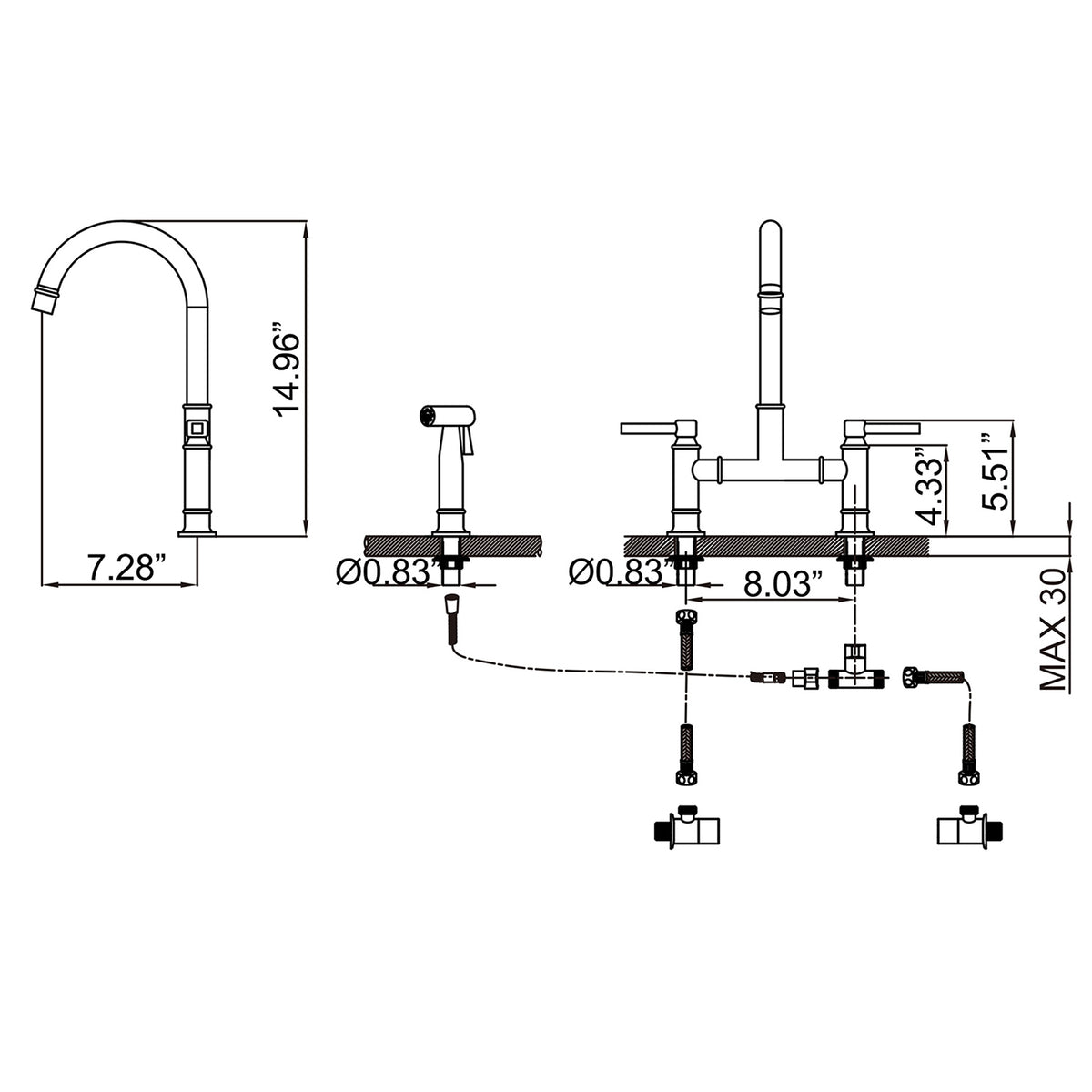 Bridge Kitchen Faucet with Pull Out Sprayer 360° Swivel Dual Handles Brass Construction