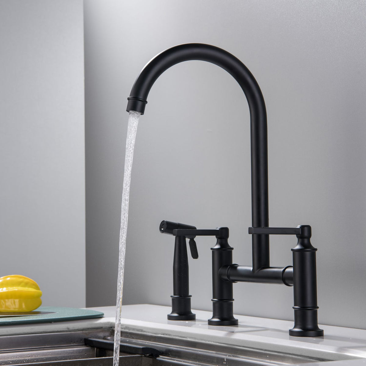 Bridge Kitchen Faucet with Side Sprayer 360 Swivel High Arc Dual Handles