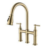 3 Hole Bridge Kitchen Faucet with Pull Down Sprayer Brushed Gold RB1175