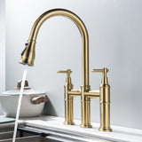 3 Hole Bridge Kitchen Faucet with Pull Down Sprayer Brushed Gold RB1175