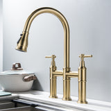 3 Hole Bridge Kitchen Faucet with Pull Down Sprayer Brushed Gold RB1175