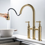 3 Hole Bridge Kitchen Faucet with Pull Down Sprayer Brushed Gold RB1175
