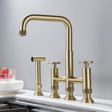 Two Handle High Arc Kitchen Faucet with Side Spray Brushed Gold RB1184