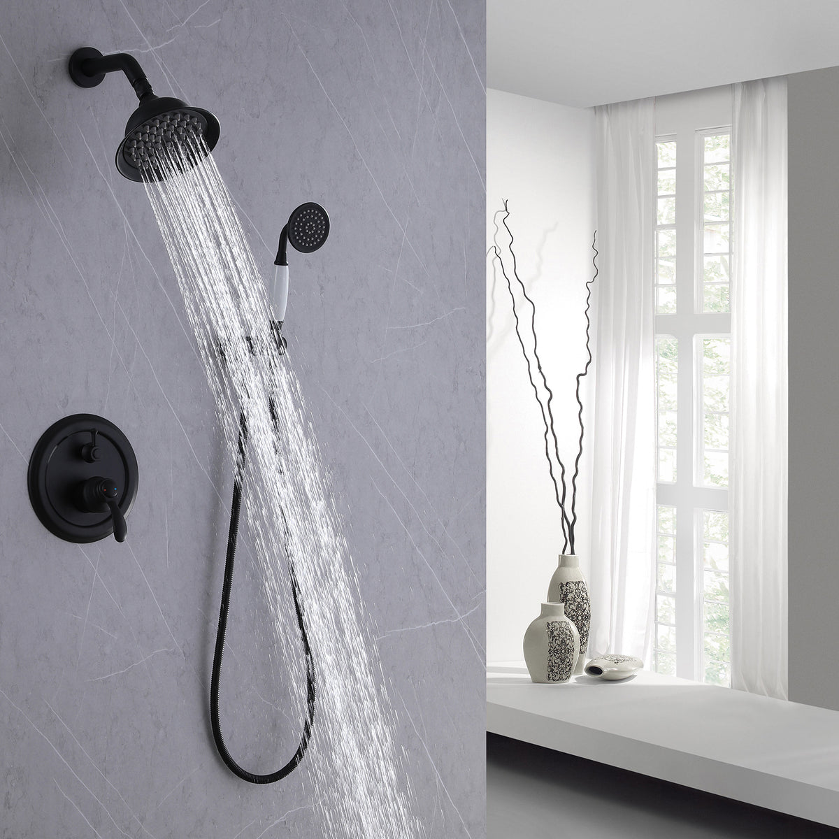 Wall-Mounted 2-Function Shower Faucet Set in Matte Black Finish
