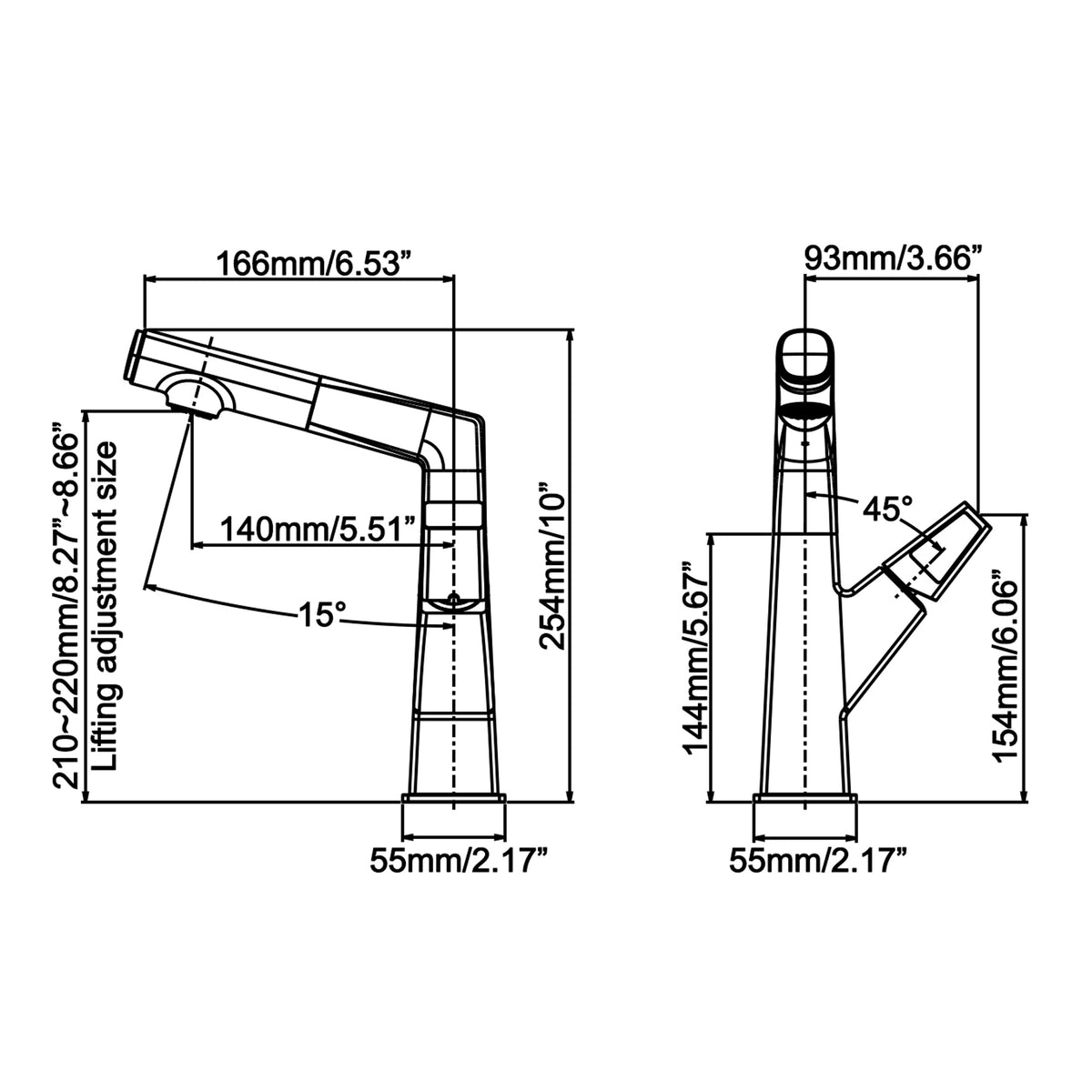 Liftable Bathroom Faucet with Pull-Out Sprayer for Dual Mode Function