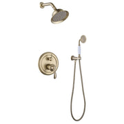 Brushed gold shower system with rain shower head, handheld shower and concealed dual-control shower faucet