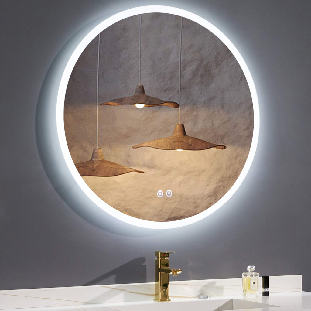 LED Bathroom Mirror Round Backlit Illuminated Mirror with Demister 3 Colors Adjustable Dimmable Bathroom Lighted Mirror