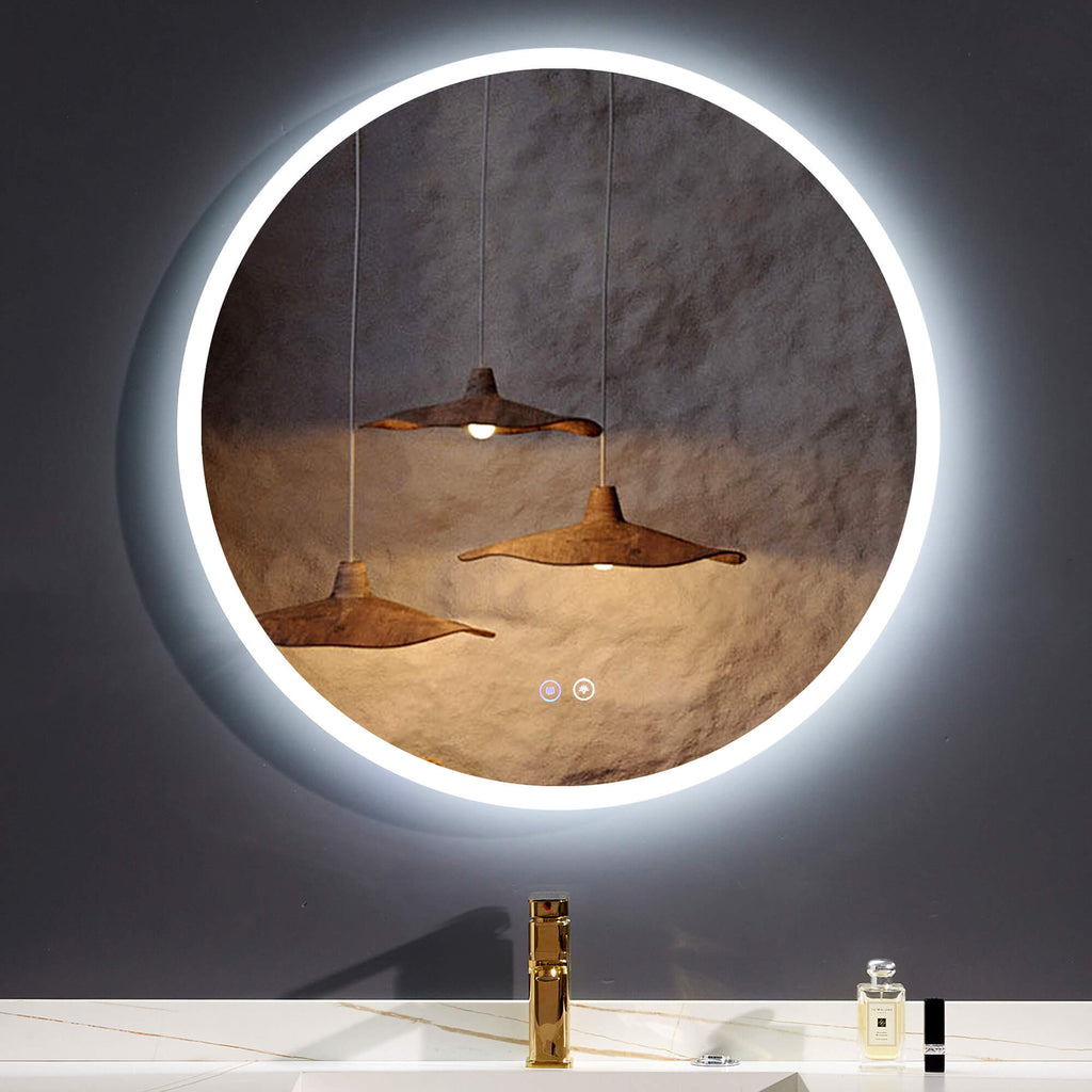 LED Bathroom Mirror Round Backlit Illuminated Mirror with Demister 3 Colors Adjustable Dimmable Bathroom Lighted Mirror